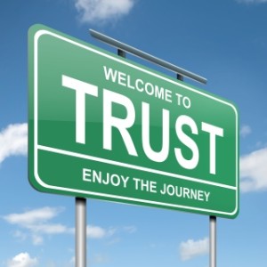 Illustration depicting a green roadsign with a trust concept. Blue sky background.