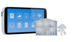 Smart house concept with smartphone app control panel - 3D Render